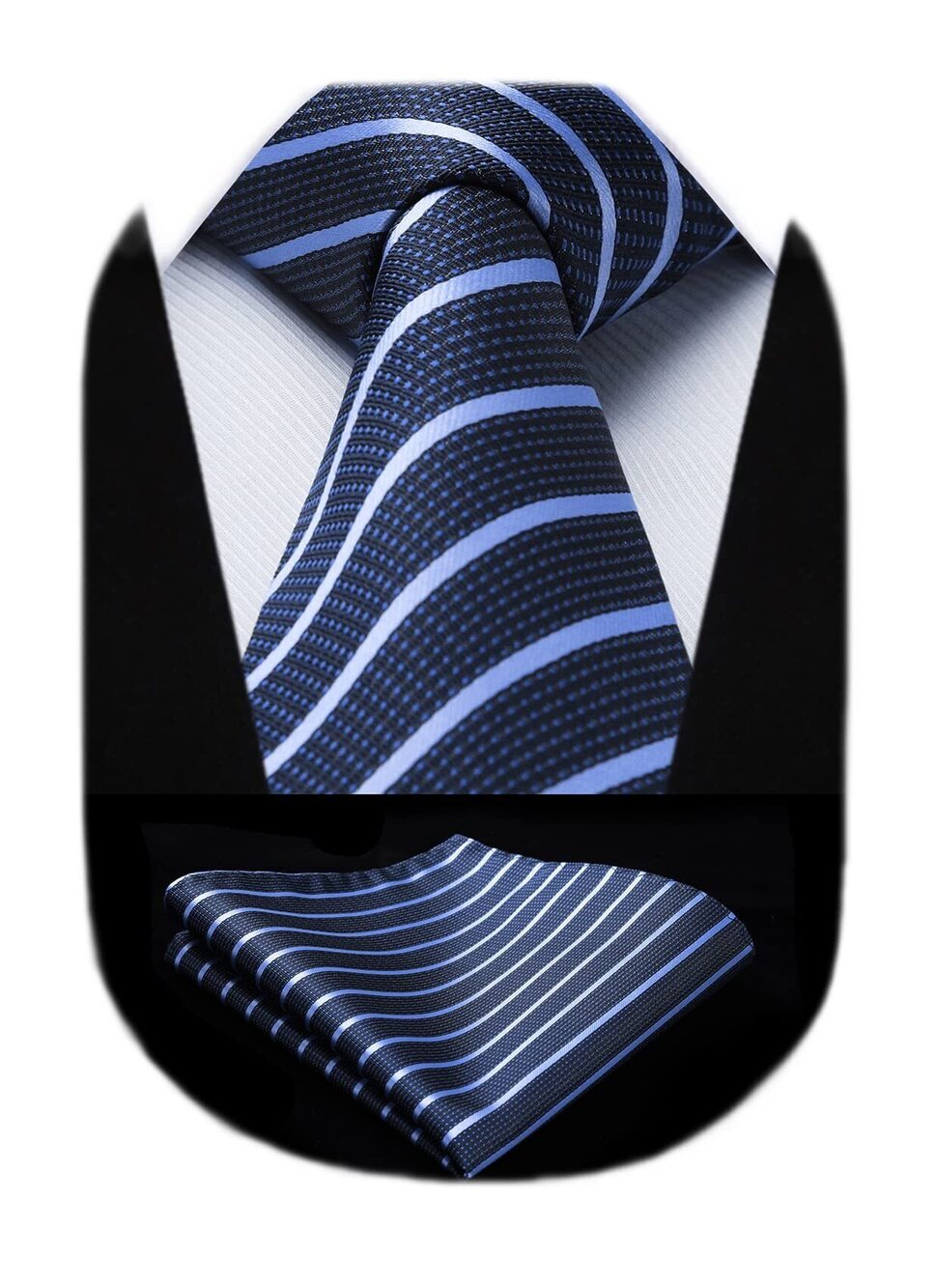 9415 Blue Tie Navy White Stripe Tie and Pocket Square Set Classic Woven